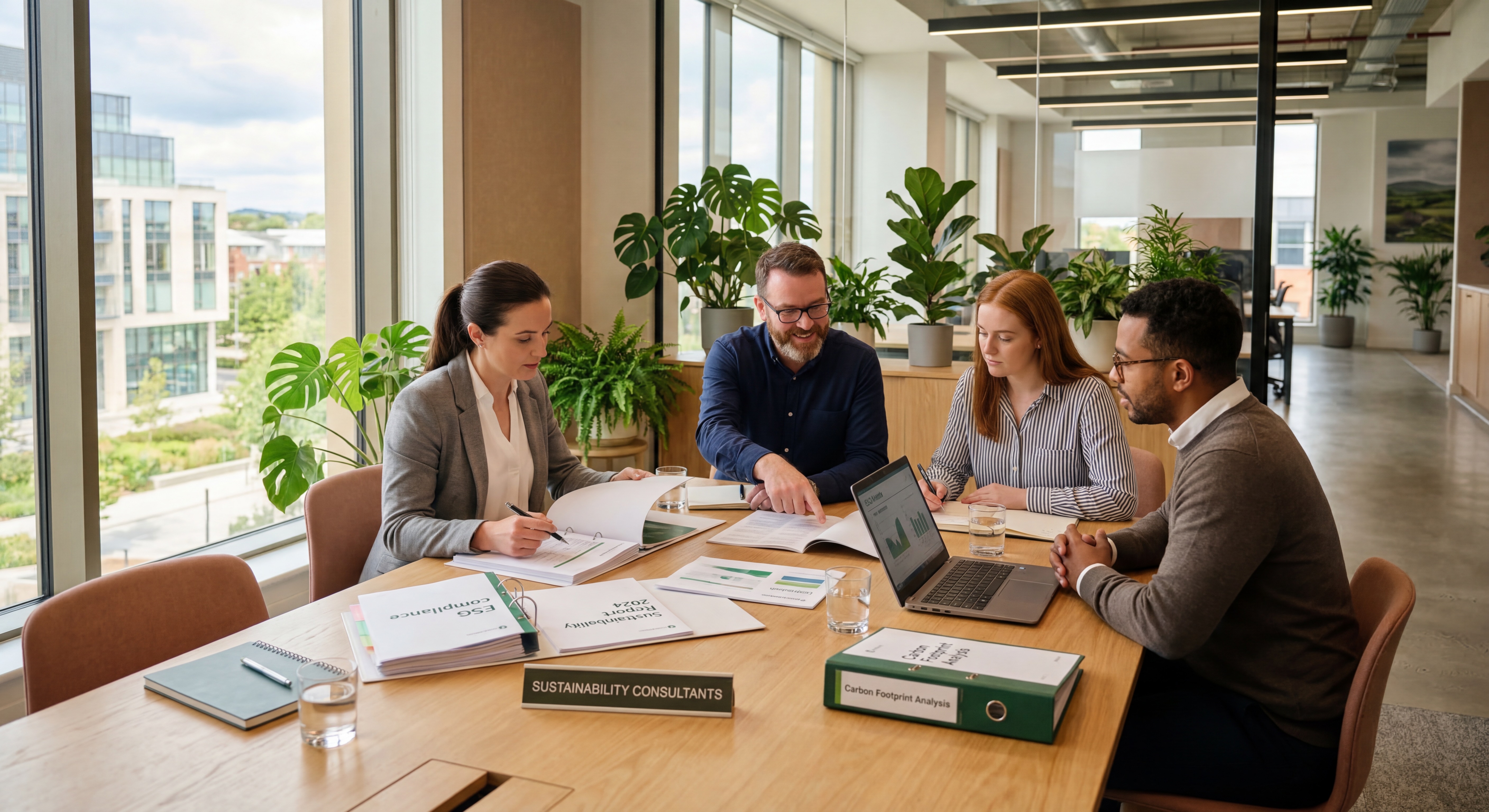 Sustainability consultants reviewing ESG compliance documents